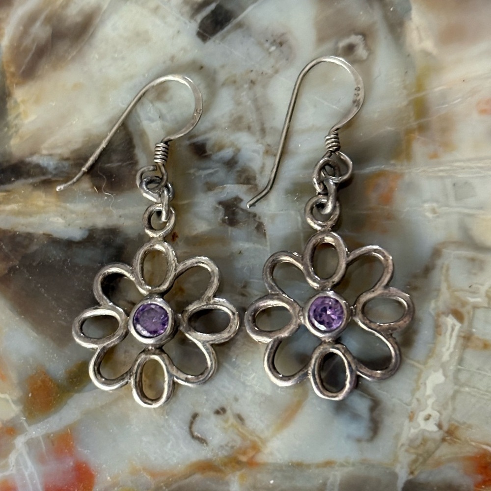 Sterling Silver Daisy Flower Earrings with Amethyst Center